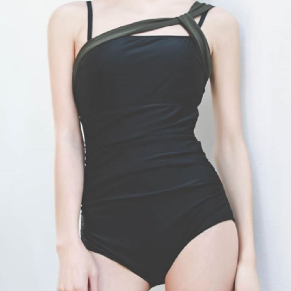 Asymmetric belly covering swimsuit